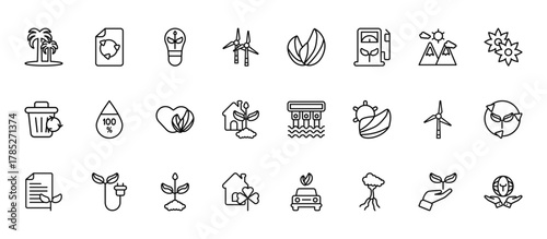 24 set of outline web ecology icons such as recycled paper, two leaves, 100  natural badge, wind mill, green home vector thin icons for report, presentation, diagram, web design, mobile app