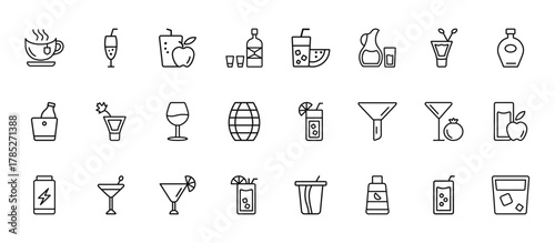 24 set of outline web drinks icons such as ramos gin fizz, watermelon juice, bloody mary, pomegranate martini, tequila sunrise vector thin icons for report, presentation, diagram, web design, mobile