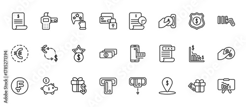 24 set of outline web e commerce and payment icons such as card hine, waiting list, exchange rate, decrease, insert card vector thin icons for report, presentation, diagram, web design, mobile app