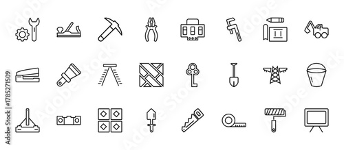 24 set of outline web construction tools icons such as jack plane, circuit breaker, scratcher tool, electric tower, gardening palette vector thin icons for report, presentation, diagram, web design,