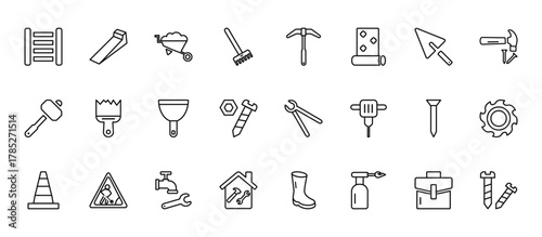 24 set of outline web construction tools icons such as wedge tool, gardening digger, builder brush, nail, home repair vector thin icons for report, presentation, diagram, web design, mobile app