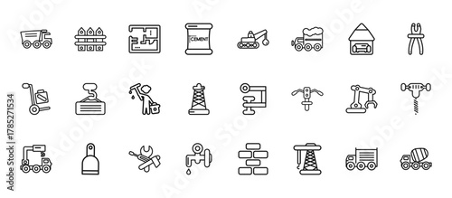 24 set of outline web construction icons such as garden fence, derrick with ball, derrick with load, backhoes, stopcock vector thin icons for report, presentation, diagram, web design, mobile app