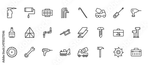 24 set of outline web construction icons such as paint roller, crowbar, joist, toolbox, excavator vector thin icons for report, presentation, diagram, web design, mobile app