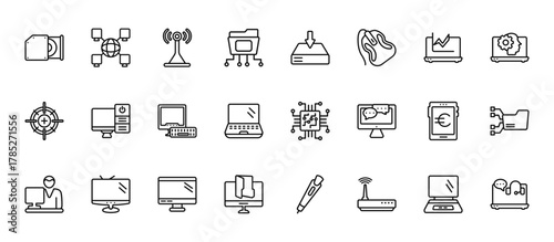 24 set of outline web computer icons such as information network, save file, computer tower and monitor, euro digital commerce, computer folder vector thin icons for report, presentation, diagram,