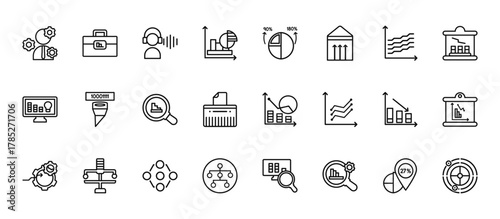 24 set of outline web analytics icons such as briefcase, round value chart, funneling data, bar chart, hierarchy vector thin icons for report, presentation, diagram, web design, mobile app