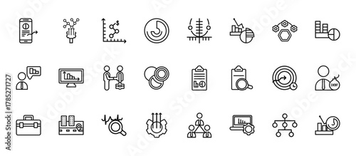 24 set of outline web analytics icons such as stock data analysis, tangent, bars graphic on screen, mission, production vector thin icons for report, presentation, diagram, web design, mobile app