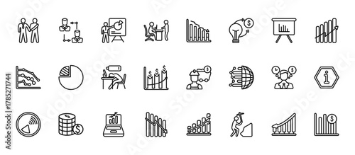 24 set of outline web business icons such as rearrange, data analytics bars chart with descendant line, quarter pie chart, worker money time, data analytics descending line graphic vector thin icons