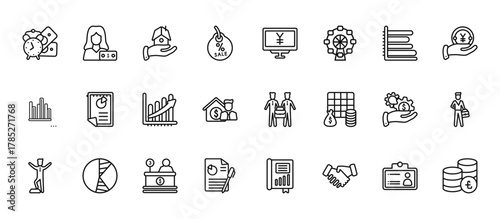 24 set of outline web business icons such as woman with money, yen currency, pie chart file, hand with money gear, profit report vector thin icons for report, presentation, diagram, web design,