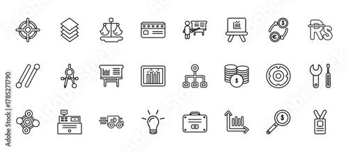 24 set of outline web business icons such as stack, graphic panel and man, maths tool, target, round light bulb vector thin icons for report, presentation, diagram, web design, mobile app