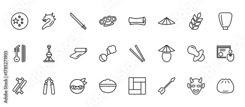 24 set of outline web asian icons such as dragon, scrolls, oriental pearl tower, dummy, rice vector thin icons for report, presentation, diagram, web design, mobile app