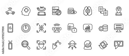 24 set of outline web artificial intelligence icons such as intelligence, visualization, velocity, efficiency, interactivity vector thin icons for report, presentation, diagram, web design, mobile