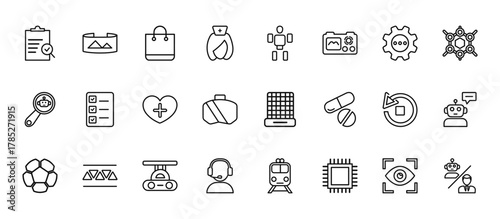 24 set of outline web artificial intellegence icons such as field of view, exoskeleton, check list, replacement, assistant vector thin icons for report, presentation, diagram, web design, mobile app
