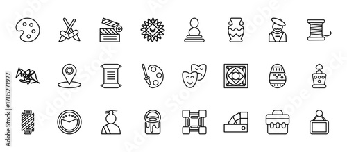 24 set of outline web art icons such as paint brushes, sculpture bust, spot, painted, paints vector thin icons for report, presentation, diagram, web design, mobile app