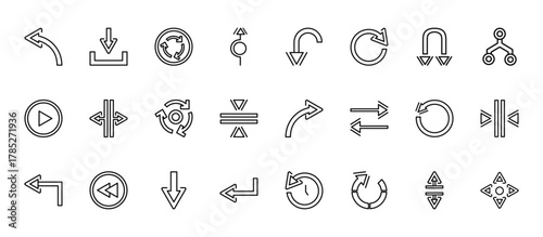 24 set of outline web arrows icons such as download, u turn arrow, split vertical, repeat, curved down left arrow vector thin icons for report, presentation, diagram, web design, mobile app