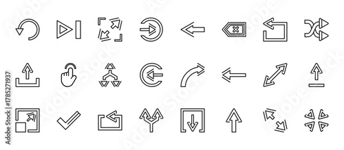 24 set of outline web arrows icons such as skip track, left arrow, drag, diagonal, splitting arrow vector thin icons for report, presentation, diagram, web design, mobile app