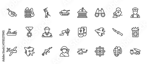 24 set of outline web army icons such as time bomb with clock, federal agency, condecoration, military knife, soldier vector thin icons for report, presentation, diagram, web design, mobile app