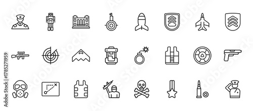 24 set of outline web army icons such as military robot hine, airplane bomb, militar radar, radiation, rebellion vector thin icons for report, presentation, diagram, web design, mobile app
