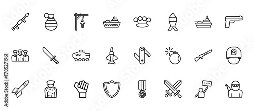 24 set of outline web army icons such as grenade, knuckle, combat knife, shotgun, shield vector thin icons for report, presentation, diagram, web design, mobile app
