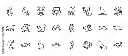 24 set of outline web animals icons such as roe, calf, gecko, wolverine, clam vector thin icons for report, presentation, diagram, web design, mobile app