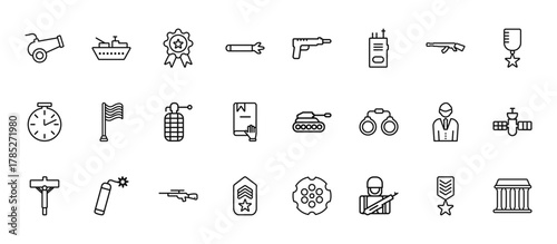 24 set of outline web army icons such as army boat, gun shooting, patriot, civilian, shoulder strap vector thin icons for report, presentation, diagram, web design, mobile app