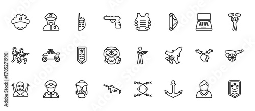 24 set of outline web army and war icons such as veteran, bulletproof, army car, barbed wire, gun vector thin icons for report, presentation, diagram, web design, mobile app