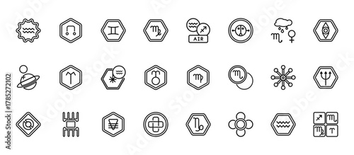 24 set of outline web zodiac icons such as coagulation, air, hope, gods shield, hypocrisy vector thin icons for report, presentation, diagram, web design, mobile app