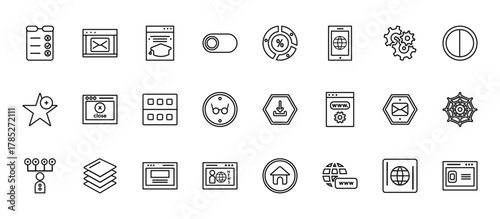 24 set of outline web web icons such as message closed envelope, circular graphic, closing, close envelope, newscaster vector thin icons for report, presentation, diagram, web design, mobile app