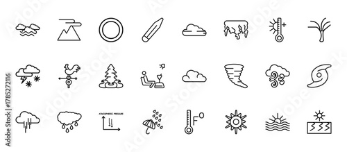 24 set of outline web weather icons such as aurora, foggy day, weathercock, wind, sprinkle weather vector thin icons for report, presentation, diagram, web design, mobile app