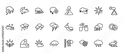 24 set of outline web weather icons such as night, eruption, hail, mist, dew vector thin icons for report, presentation, diagram, web design, mobile app