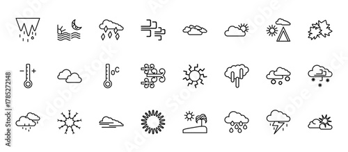 24 set of outline web weather icons such as twilight, overcast, altostratus, snow cloud, daytime vector thin icons for report, presentation, diagram, web design, mobile app