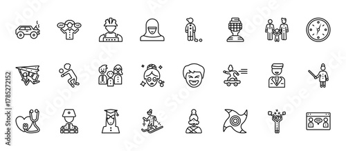 24 set of outline web user icons such as feasibility, golfer, volleyball player, groom avatar, skier vector thin icons for report, presentation, diagram, web design, mobile app