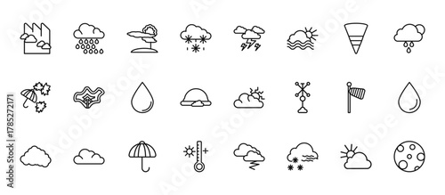 24 set of outline web weather icons such as drizzle, thunderbolt, isobars, windsock, hot vector thin icons for report, presentation, diagram, web design, mobile app