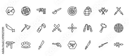 24 set of outline web weapons icons such as shooting target, dart board game, boarding, thor hammer, revolvers vector thin icons for report, presentation, diagram, web design, mobile app