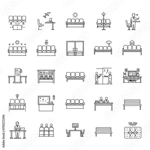 waiting room icons illustrating airport terminals seating areas and office spaces perfect for architectural design and facility planning projects.