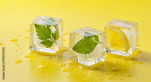 Three ice cubes with green leaves and lemon slice melting on yellow melting ice frozen
