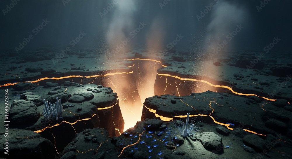 Obraz premium Underwater volcanic vent spewing hot water and minerals on the ocean floor