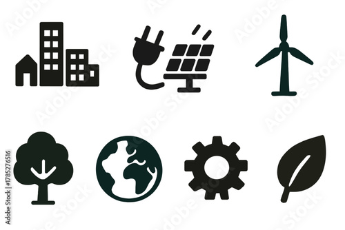 Sustainability and renewable energy solid icon set. Eco-friendly, green symbols collection