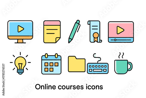 Online courses, education line icon set. E-learning, online study linear icons collection.