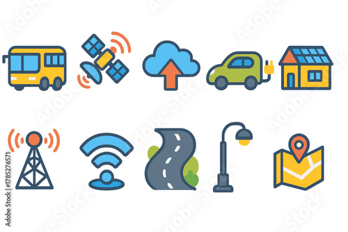 Smart city linear icon set. Urban innovation, transportation, technology symbols outline.