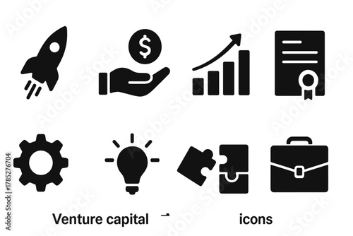 Venture capital solid icon set. Investment, finance, business growth, strategy icons