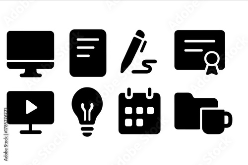 Education and work silhouette icon set. School, office, certification icons collection