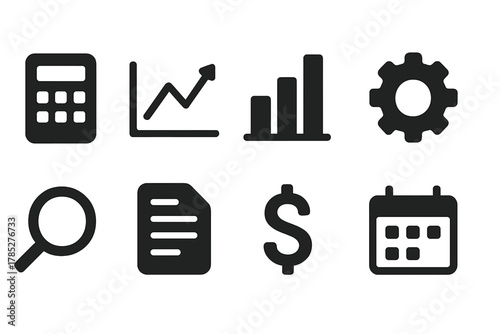 Business and finance solid icon set. Analytics, financial planning solid icons collection