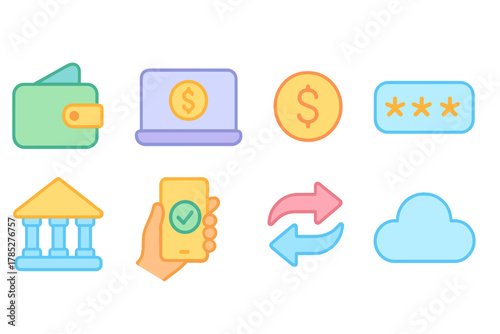 Finance and banking icon set. Flat neon money management, transaction, savings icons.