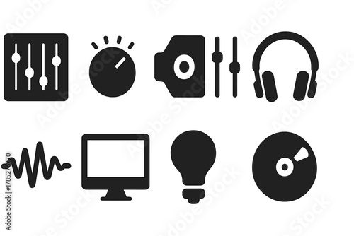 Music, audio technology silhouette icon set. Sound, dj equipment, recording icons silhouette collection.