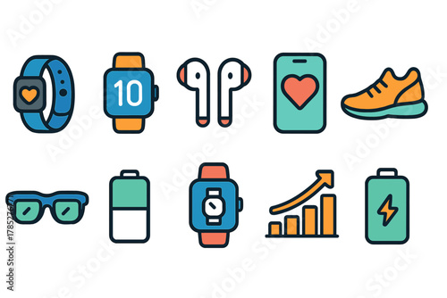 Health and fitness flat icon set. Wearable tech, heart rate, exercise icons collection