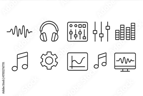 Music and audio linear icon set. Sound, music equipment, and audio tools outline collection