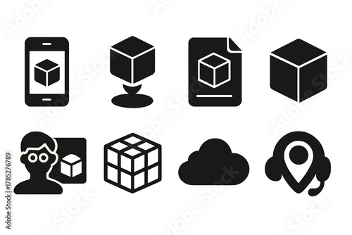 Technology, software silhouette icon set. Data, application, cloud silhouette icons collection