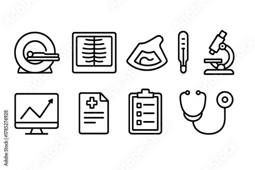 Medical, healthcare outline icon set. Hospital, diagnostics equipment linear collection