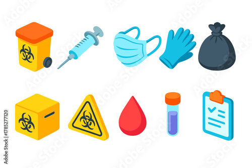 Healthcare, safety isometric icon set. Medical equipment and waste icons collection