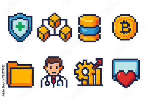 Cryptocurrency, finance pixel icon set. Blockchain, security icons in pixel art style